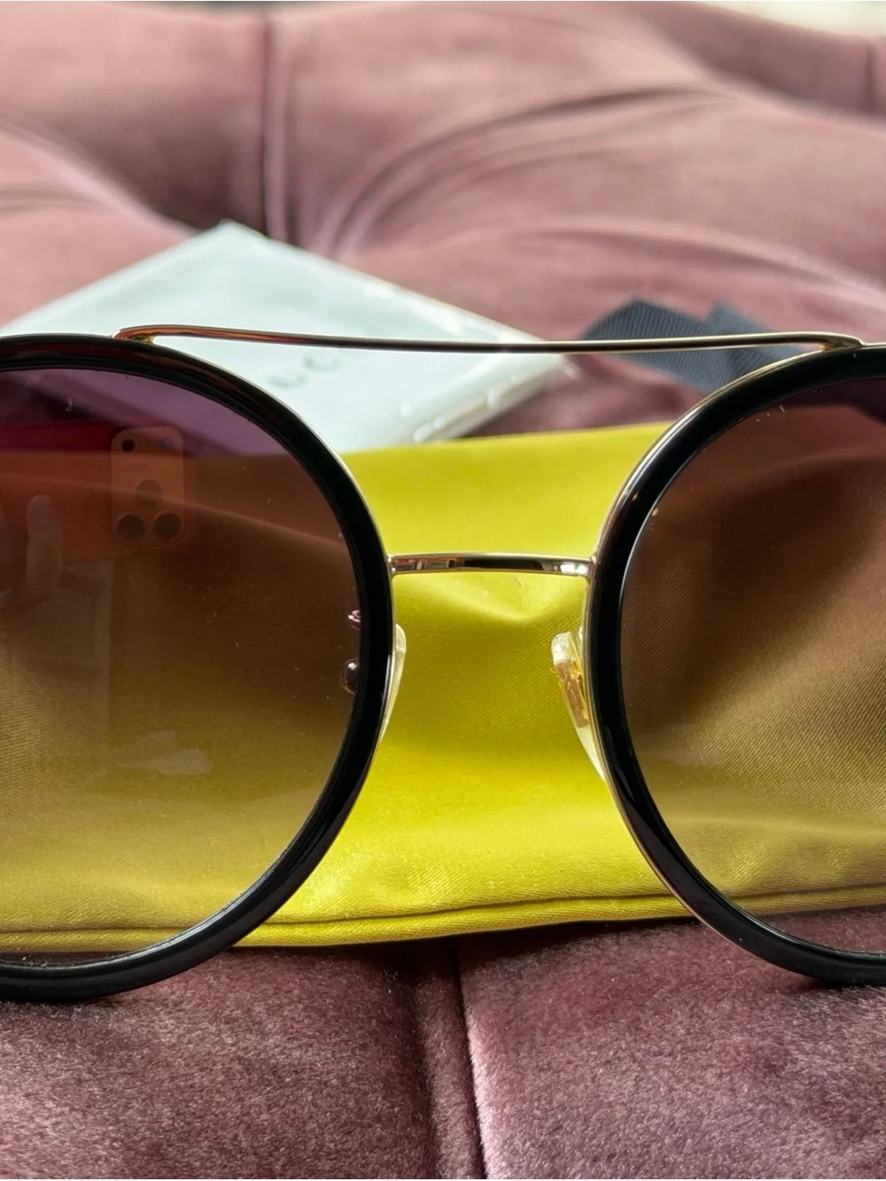 Gucci Round Sunglasses - Black/Gold with Gradient Purple Lenses - BRAND NEW